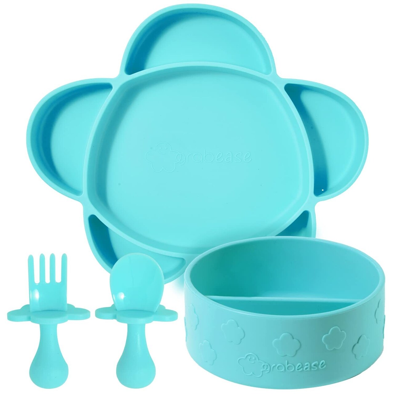 Grabease Silicone Baby Feeding Set - Essential Baby Feeding Supplies for Portion Control and Baby-Led Weaning - Suction Bottoms 4 Piece Set, BPA and Phthalates-Free, Teal